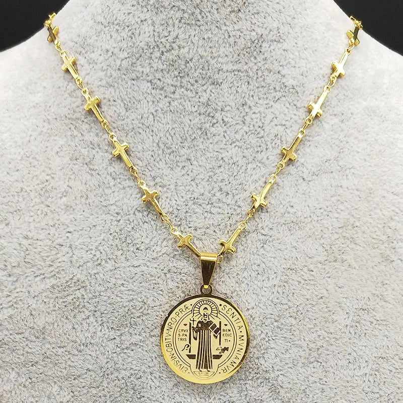 Saint Benedict Medal Stainless Steel Necklace Gold Color N7913GDS02