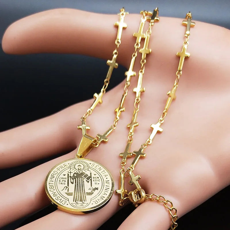 Saint Benedict Medal Stainless Steel Necklace Gold Color N7913GDS02