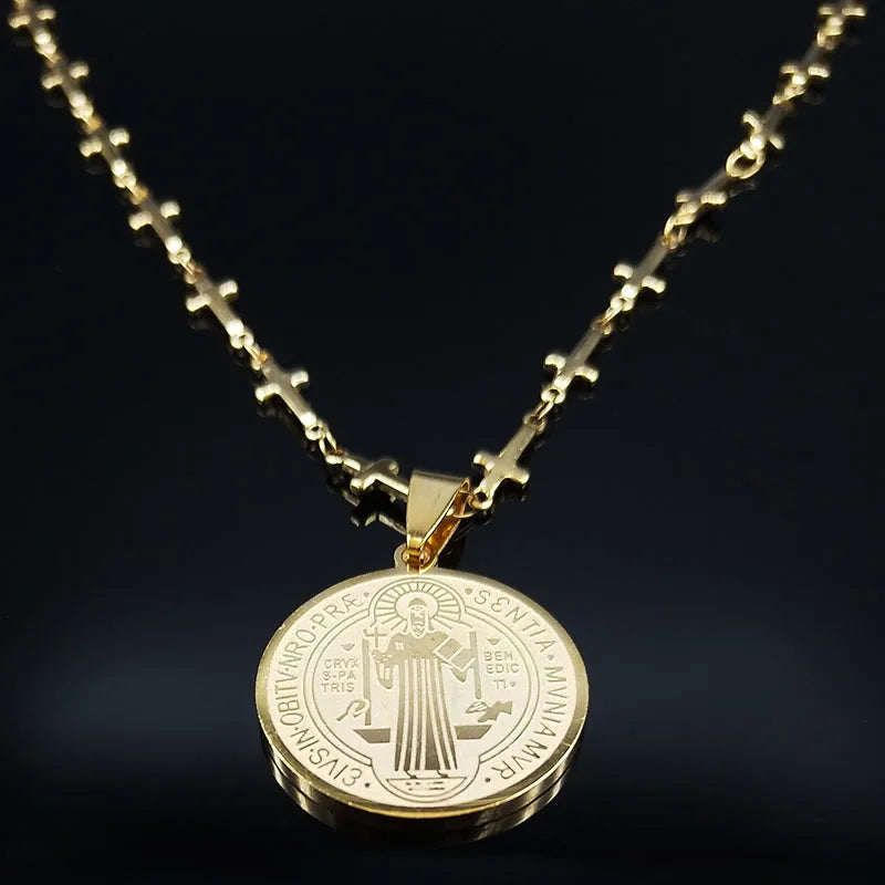 Saint Benedict Medal Stainless Steel Necklace Gold Color N7913GDS02