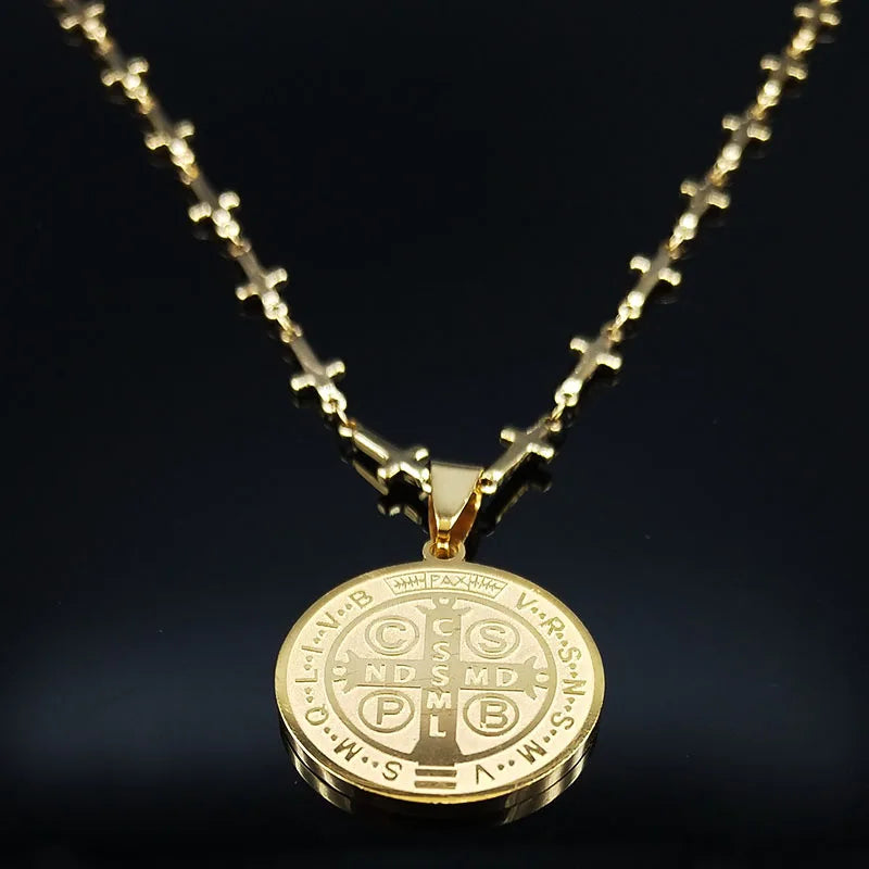 Saint Benedict Medal Stainless Steel Necklace Gold Color N7913GDS02