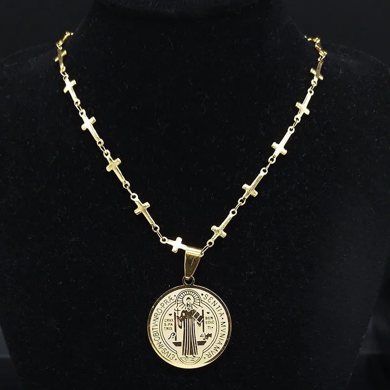 Saint Benedict Medal Stainless Steel Necklace Gold Color N7913GDS02