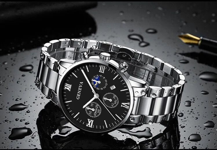 Fashion Roman Scale Quartz Wristwatch 4pcs Set Men Business Watch Fake Three Eyes Calendar Cross Necklace Bracelet Ring Set