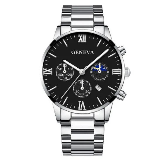 Fashion Roman Scale Quartz Wristwatch 4pcs Set Men Business Watch Fake Three Eyes Calendar Cross Necklace Bracelet Ring Set