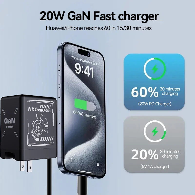 W&O GaN Fast Charging Cable Type C 20W and Lightning Liquid Silicone Cable for iPhone 14 15 Pro Max Xiaomi Realme Redmi ﻿