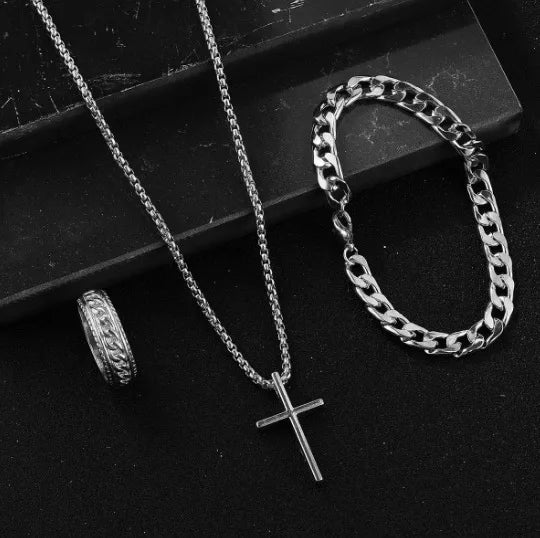 Fashion Roman Scale Quartz Wristwatch 4pcs Set Men Business Watch Fake Three Eyes Calendar Cross Necklace Bracelet Ring Set
