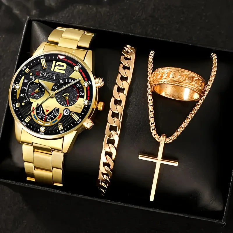 Fashion Roman Scale Quartz Wristwatch 4pcs Set Men Business Watch Fake Three Eyes Calendar Cross Necklace Bracelet Ring Set