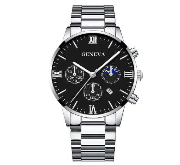 Fashion Roman Scale Quartz Wristwatch 4pcs Set Men Business Watch Fake Three Eyes Calendar Cross Necklace Bracelet Ring Set