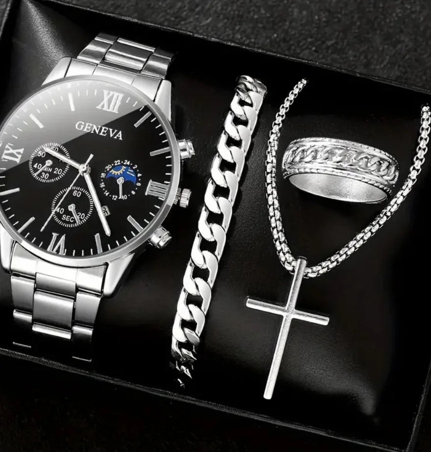 Fashion Roman Scale Quartz Wristwatch 4pcs Set Men Business Watch Fake Three Eyes Calendar Cross Necklace Bracelet Ring Set