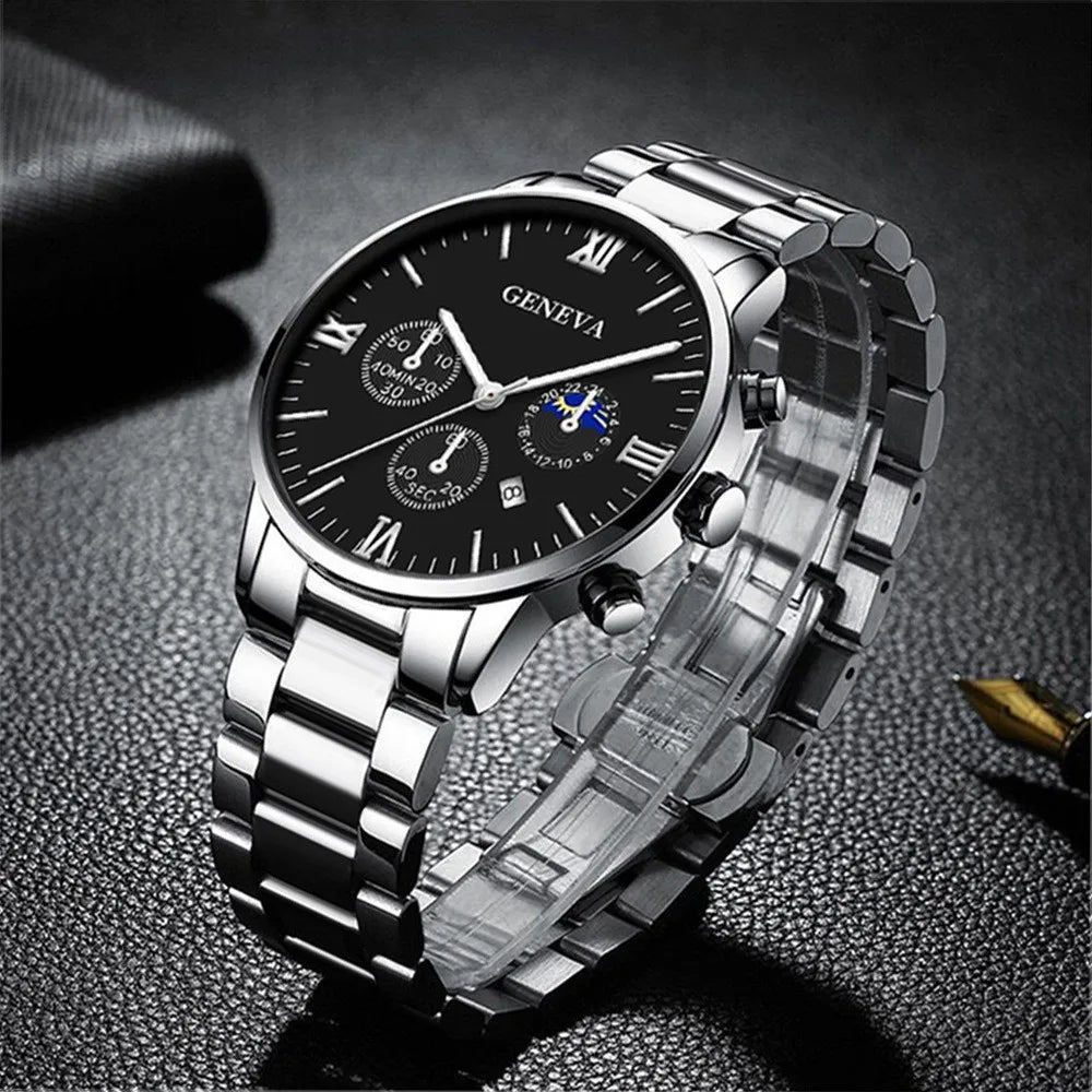 Fashion Roman Scale Quartz Wristwatch 4pcs Set Men Business Watch Fake Three Eyes Calendar Cross Necklace Bracelet Ring Set