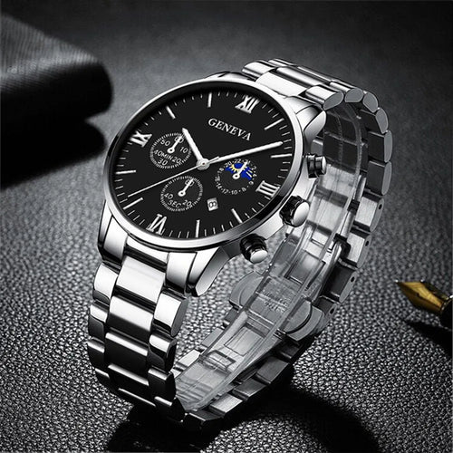 Fashion Roman Scale Quartz Wristwatch 4pcs Set Men Business Watch Fake Three Eyes Calendar Cross Necklace Bracelet Ring Set