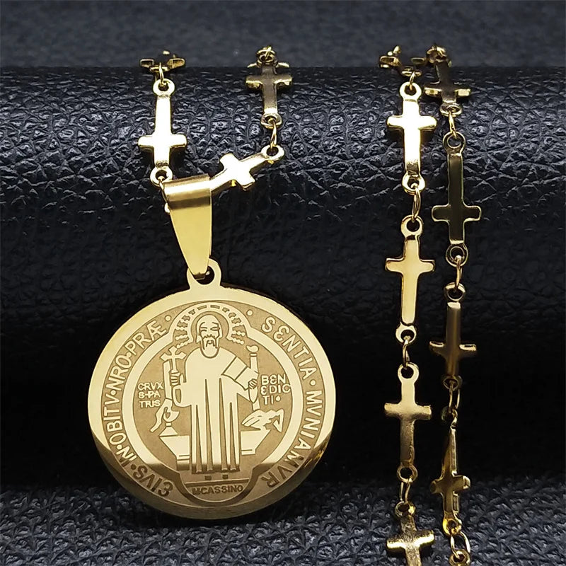 Saint Benedict Medal Stainless Steel Necklace Gold Color N7913GDS02